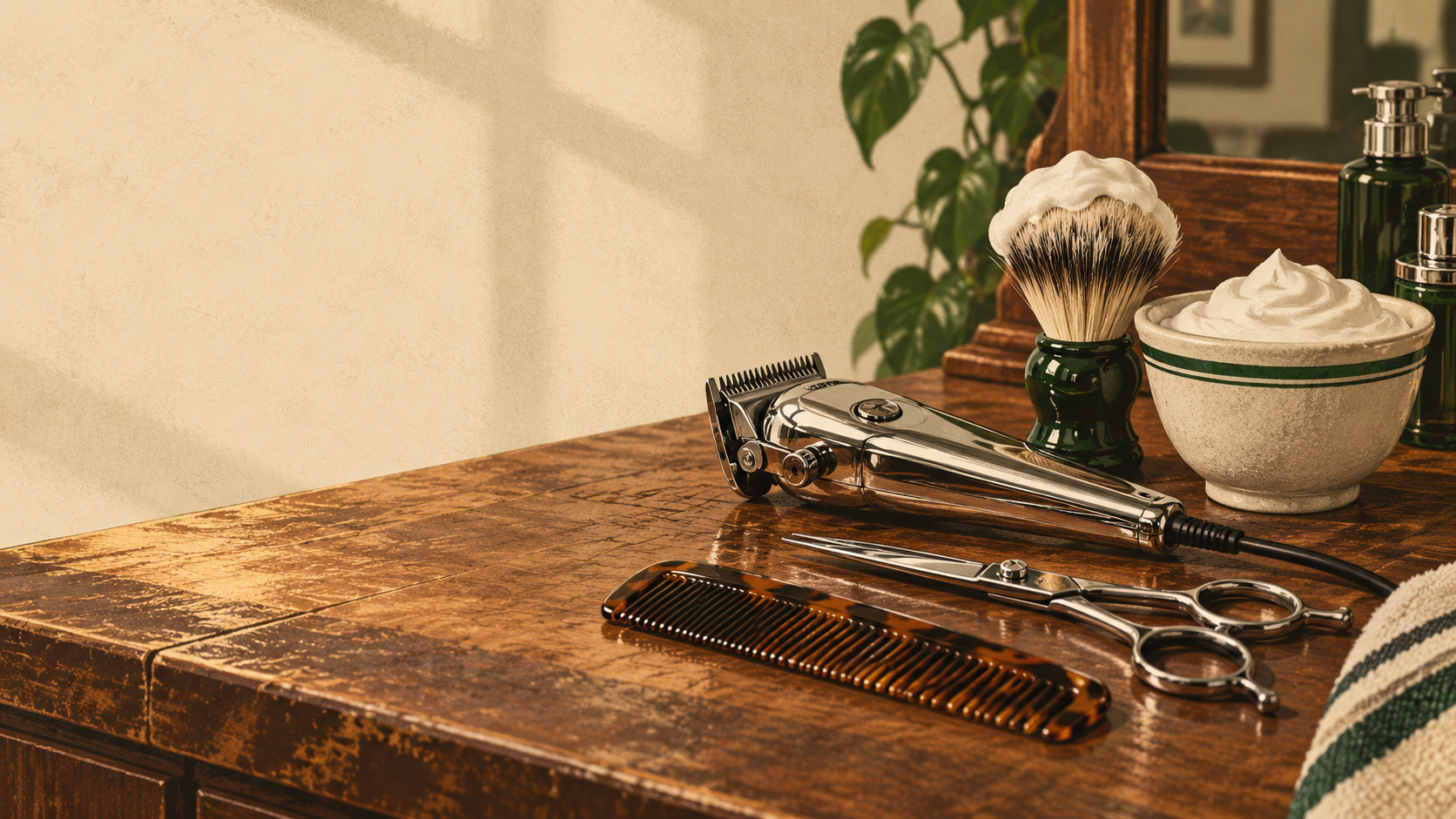 Illustration of classic barbershop tools on a wooden counter