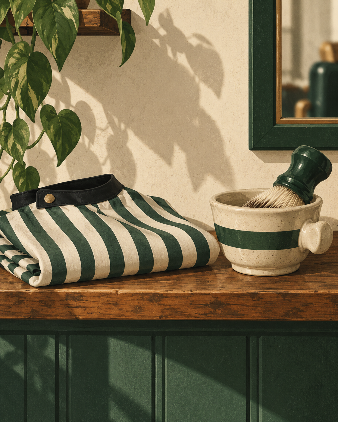 Illustration of a folded barber cape and lather mug on a shelf